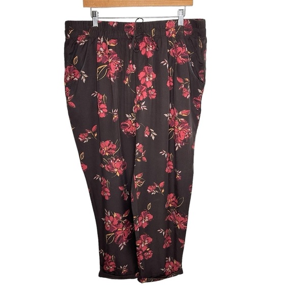 Garnet Hill Womens Floral Elastic Waist Cuffed Pants Sz 16 Brown Lyocell Pull On - Picture 1 of 8
